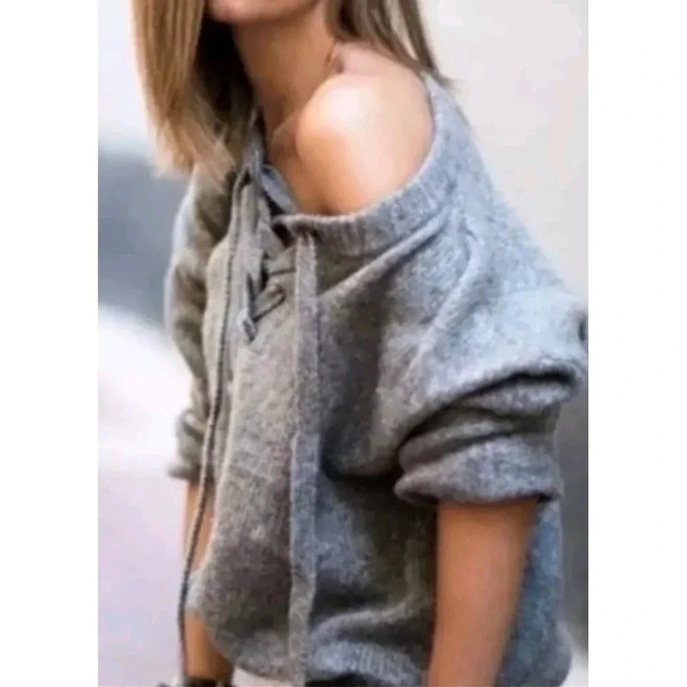 Zara Sweater Womens M Knit Wool Blend Boxy Tie Front Pullover Gray Preppy Casual